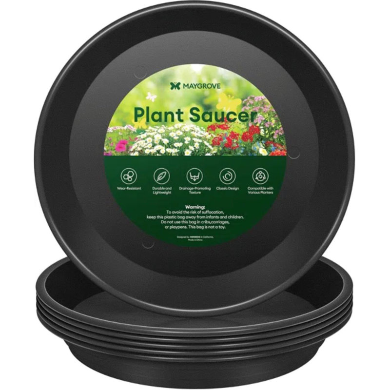 Soucoupes pour plantes robustes en plastique (paquet de 6), Noir, 1,5 po H x 11,9 po L x 11,9 po P