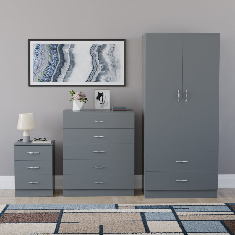 Maybery 3 Piece Bedroom Set (3 Drawer Bedside Chest, 5 Drawer Chest, 2 Door 2 Drawer Wardrobe), (4), Grey