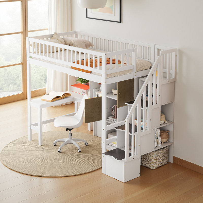 Lit mezzanine à DEL avec bureau intégré et multi-rangement, Blanc