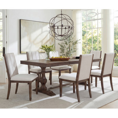 Farmhouse Dining Table Set, Rustic Solid Wood Dining Table With 6 Upholstered Chairs, Antique Traditional Dining Set With T-Shaped Carved Double Pedestal Legs For 6 People,Brown