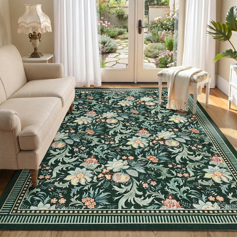 Washable Area Rug, 8x10 Floral Soft Rug for Living Room, Non Slip Low Pile Carpet for Living Room, Bedroom, Dining Room, Green