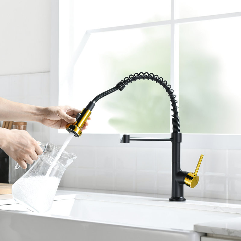 Robinet de cuisine en noir et or avec rétractable - offre un approvisionnement en eau efficace et pratique pour vos taches et maintient une surface propre