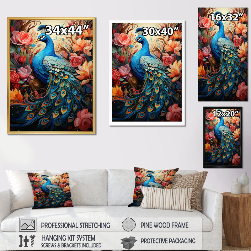 Peacock Gouache I - animaux, art mural sur toile, H 20 po x l 12 po x P 1 po, Cadre flottant blanc