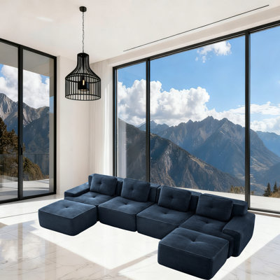 Canapé modulaire en U de 153 po en velours côtelé bleu, 2 repose-pieds et siège profond, sans assemblage