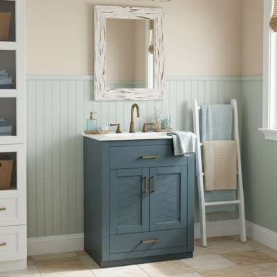 Meuble-lavabo autoportant moderne 24 po avec lavabo en céramique, tiroir basculant et 2 portes (blanc / bleu)