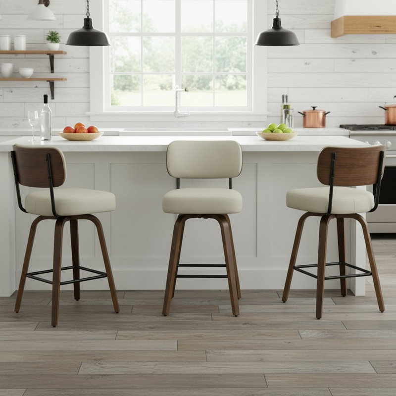 30" Swivel Upholstered Bar Stool with Walnut-Finish Bentwood Frame, Beige Gray, 3