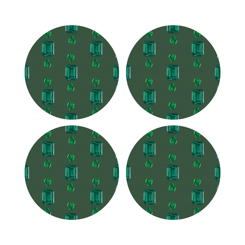 Gem Emeralds Gold Vegan Leather Round Coasters, Evergreen