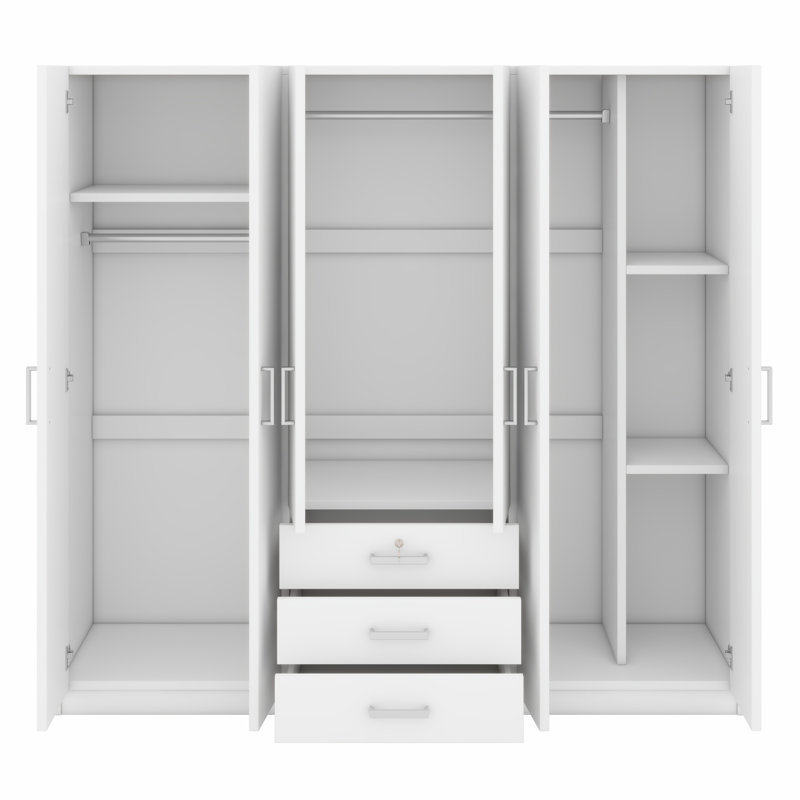 Armoire classique en bois à 6 portes avec tiroirs pratiques, Blanc