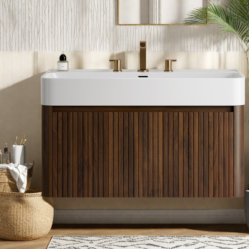 Modern Vanities(Must include both Vanity Cabinet  and Sink) with Storage, 24 Inch Walnut Wood Floating Vanity, 35.43