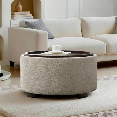 Caysey 30.1" W Upholstered Round Storage Ottoman with Wooden Tray