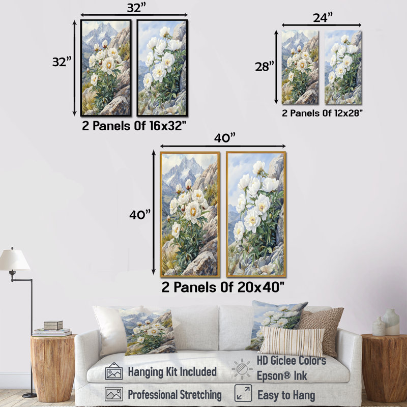 Pivoines par The Rocky Slope I - décoration murale en toile florale 2 pièces, Cadre crème crème, H 32 po x l 33 po