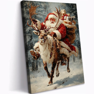Grande Abiella - peinture du père Noël et du renne, impressions de scène de fête hivernale, affiche rétro des Fêtes pour décorations murales, 20 po x 30 po