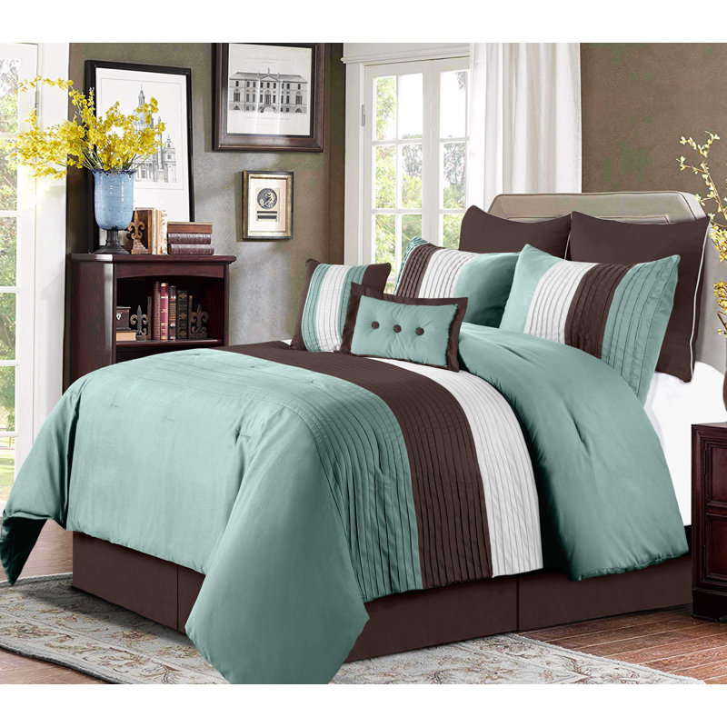Loft 8-Piece Pleated Stripe Microfiber Comforter Set, Queen Comforter + 2 Standard Shams, Blue