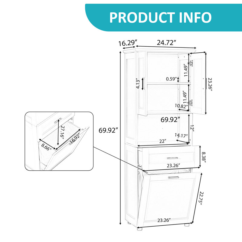 Grande armoire de salle de bain avec panier à linge intégré, grand panier inclinable et armoire de rangement supérieure, Gris