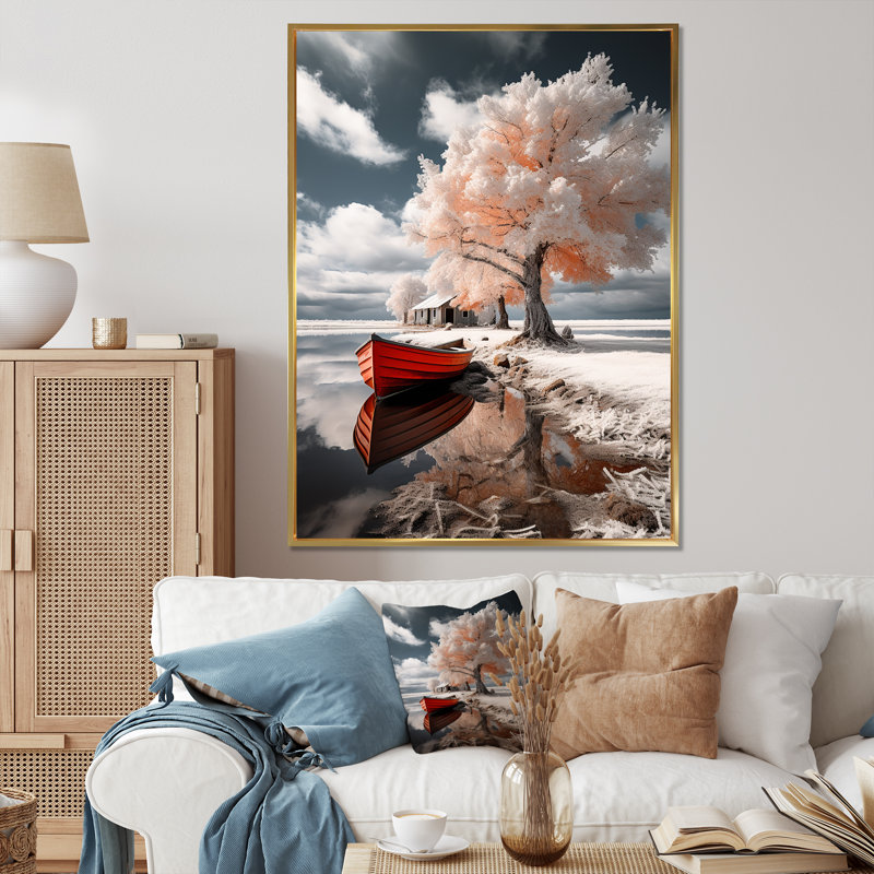 Bateau sur toile Larnette, Suède rouge, Suède, Cadre flottant doré, H 32 po x l 16 po x P 1 po
