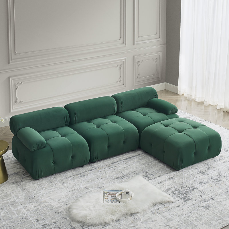 Canapé modulaire modulaire, capitonnage à boutons et bricolage, canapé en L avec repose-pieds réversible, Peluche vert foncé