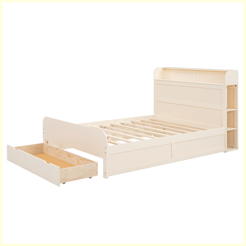 Lit plateforme avec tête de lit et grand tiroir Wescott, lit de rangement, cadre de lit, lits, Crème