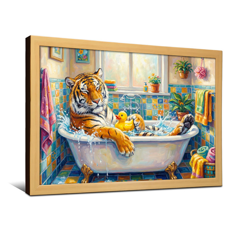 Animals Tiger Bathing With Rubber Duck In Colourful Bathroom, 24" H x 36" W, Wrapped Canvas, Does Not Apply