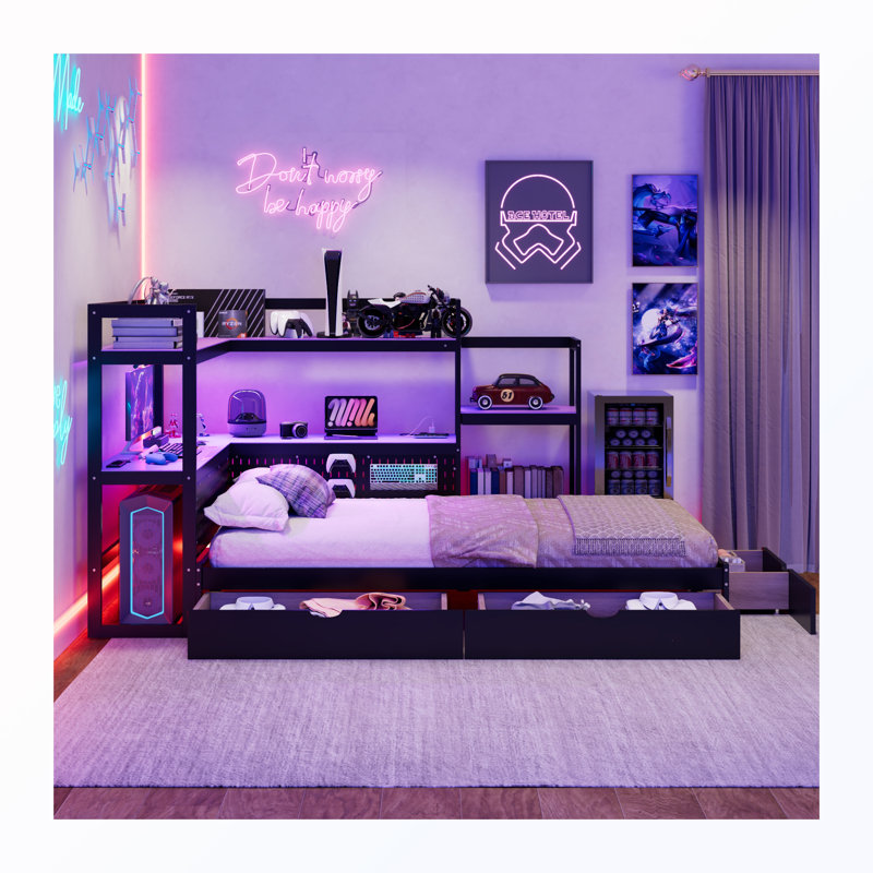 Lit de jour simple avec bureau, lumière DEL et tiroirs, station de charge et bibliothèque intégrées, Mauve et noir