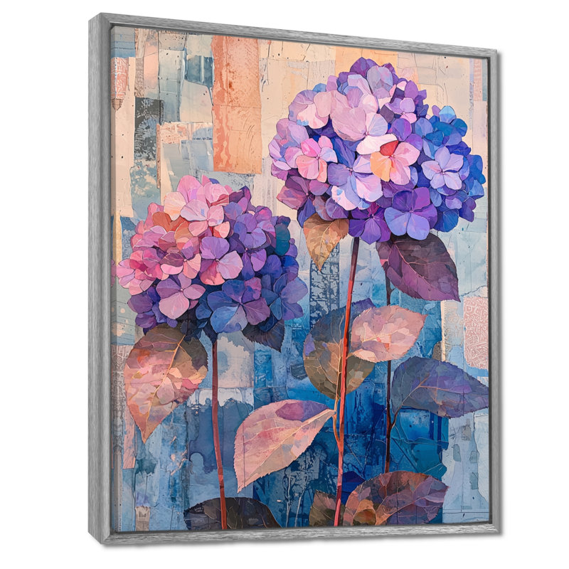 Collage abstrait floral d'hortensia I - art mural hortensia, Argent argent, Reproduction avec cadre flottant
