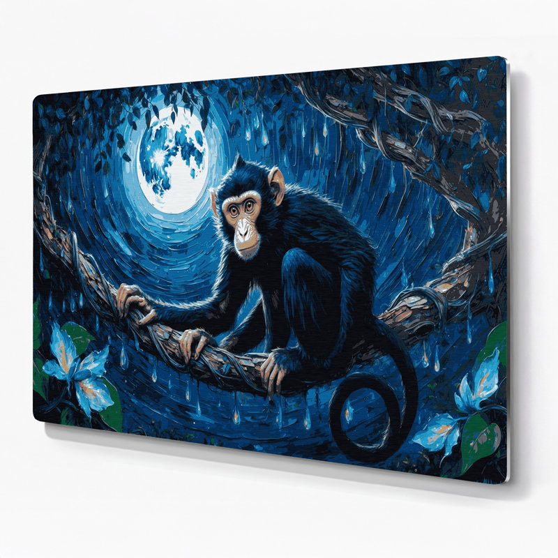 Faune, singe, nuit, art mural en métal bleu, H 11 po x l 14 po