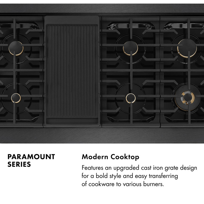 ZLINE 48 in. Paramount Double Oven Gas Range with 8 Burner Cooktop in Black Satin Stainless Steel, Polished Gold