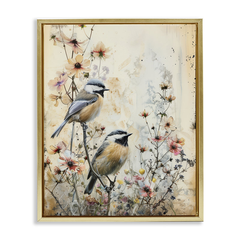 Sparrows perché sur un cadre flottant à motif floral, design par Arlington Prints, H 21 po x l 17 po
