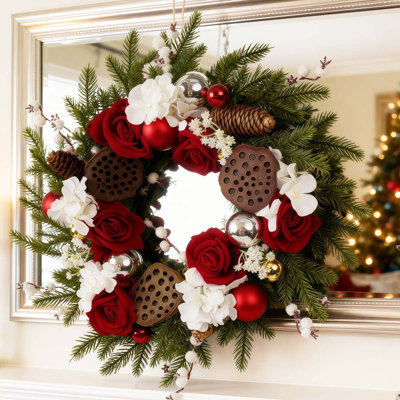 Christmas Wreath 17.7 Inch Artificial Christmas Door Wreath Creative Rose Lotus Seedpod Wreath for Home Window Living Room Front Door Hanging Holiday Decor Artificial Pine Wreath Xmas Decor