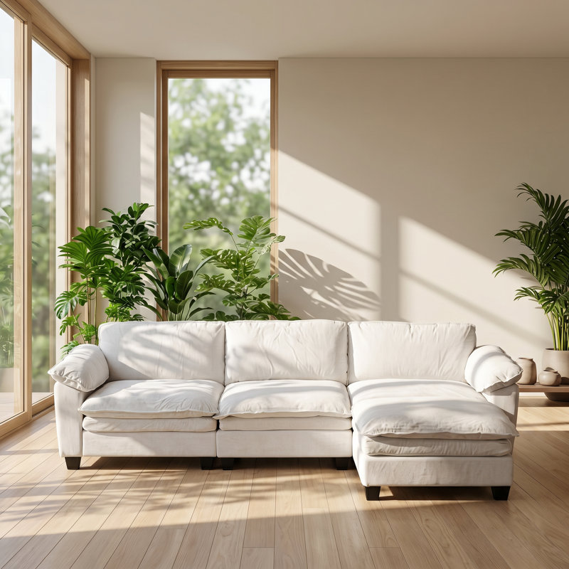 Avery 120.1" W x 57.1" D x 34.2" H Eucalyptus Solid Wood Chenille Sectional Sofa with Ottoman