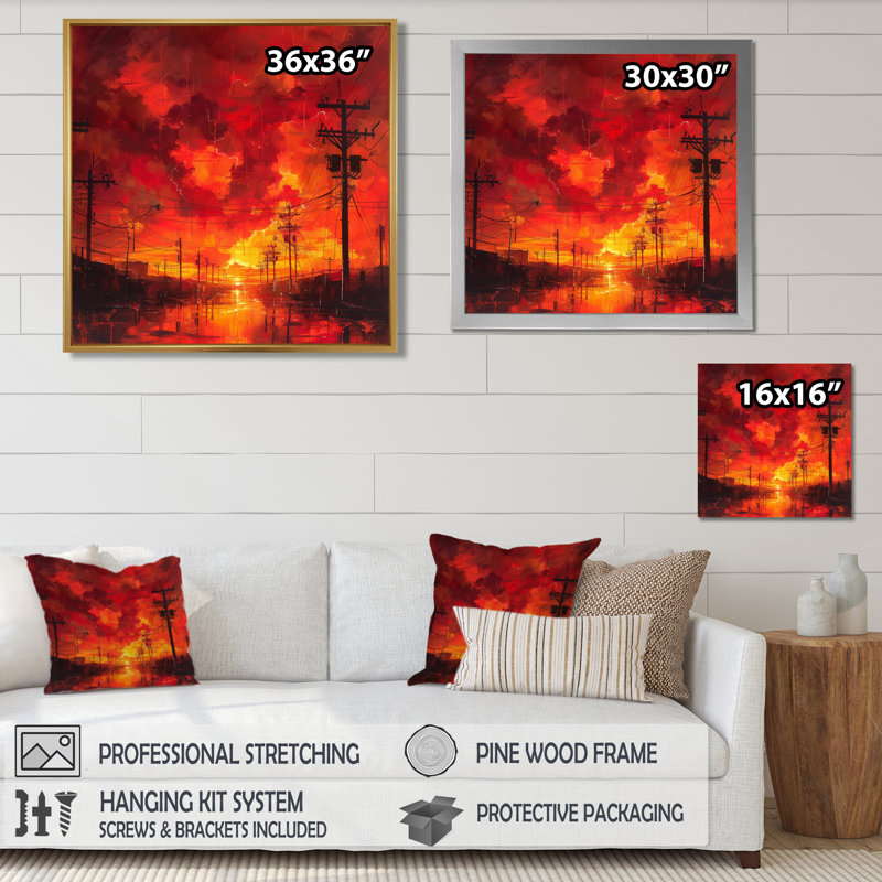 Rouge, jaune, tension, lignes électriques I - Power Lines Wall Art, H 16 po x l 16 po x P 1 po, Encadrement argenté