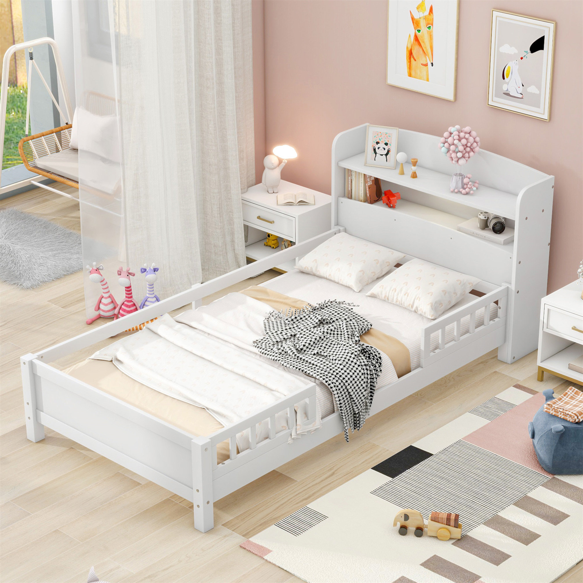 Wood Twin Size Platform Bed with Built-in LED Light, Storage Headboard and Guardrail, White