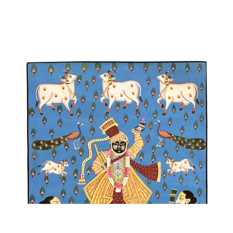 Shrinathji vénéré par les prêtres | Pichhwai, aquarelle d'art sur coton | Pour mur