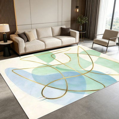 1PC Abstract Pastel Watercolor Gold Geometric Line area rugs for Living Room, Soft and Comfortable, easy-to-maintain, machine washable Indoor floor mat suitable for dining table, bedroom, home office, entryway, hallway, kitchen.