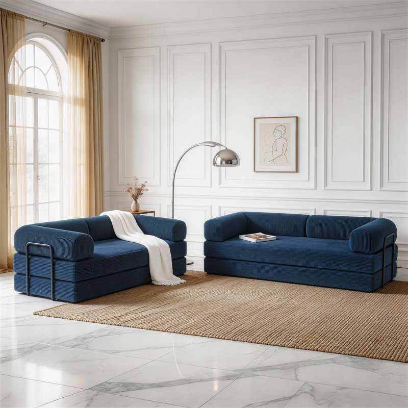 Canapé-lit rembourré convertible en velours côtelé bleu compressé - ensemble de 2 lits, H 27,5 po x l 78,7 po x P 36,2 po