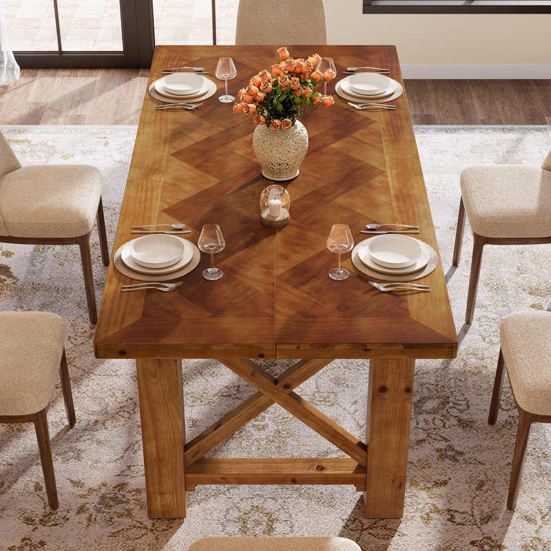 Fir Rectangular Wood Top Dining Table with Wood Base