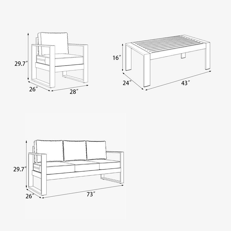 Canapé d'extérieur droit autonome de 73 po de large avec coussins Standalone Product, Cadre gris / coussin gris