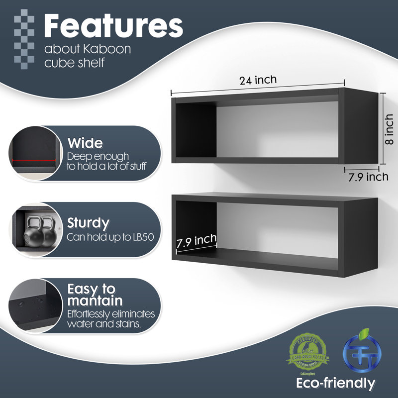 Kaboon 24In Floating Cube Shelves Set Of 2, Rectangle 2 Cubes, Black, Black