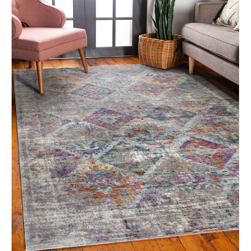 Rydal Oriental Area Rug with Vintage Faded Multicolor Grey/Red Rug, Rectangle 6'7" x 9'6"