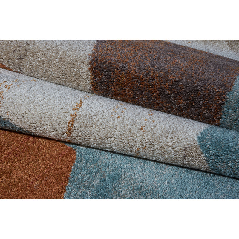 Tapis abstrait crème / brun / bleu, Rectangle 3 pi 9 po x 5 pi 5 po