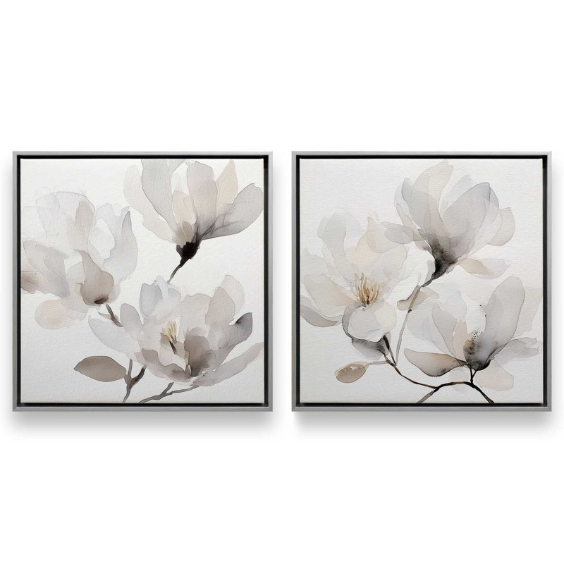 Ensemble de 2 impressions murales Whispered Magnolia, 16 po x 16 po, Cadre flottant en chrome poli