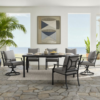 6 Person Outdoor Dining Set With Rectangular Table — Includes 4 Fixed & 2 Swivel Cushioned Armchairs