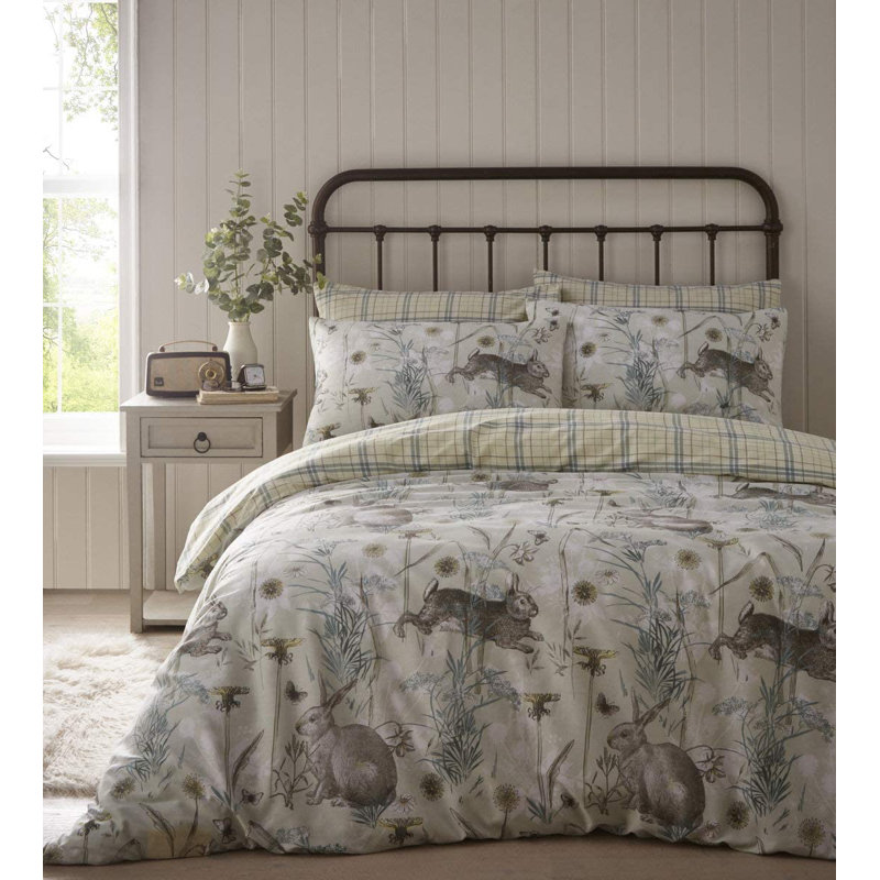 Bargo 56 TC Reversible Duvet Cover Set, Double Duvet Cover + 2 Standard Pillowcases, Sage Green/Brown White
