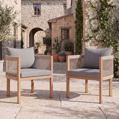 Woven Rope Patio Dining Armchairs Set of 2, Wood-Look Heat Transfer Iron Framed Outdoor Dining Chairs with Removable Cushion for Deck Porch Backyard