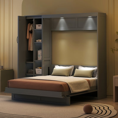 Lit avec tablettes, garde-robe, lumières à DEL - gris pour des espaces de vie efficaces et peu d'espace