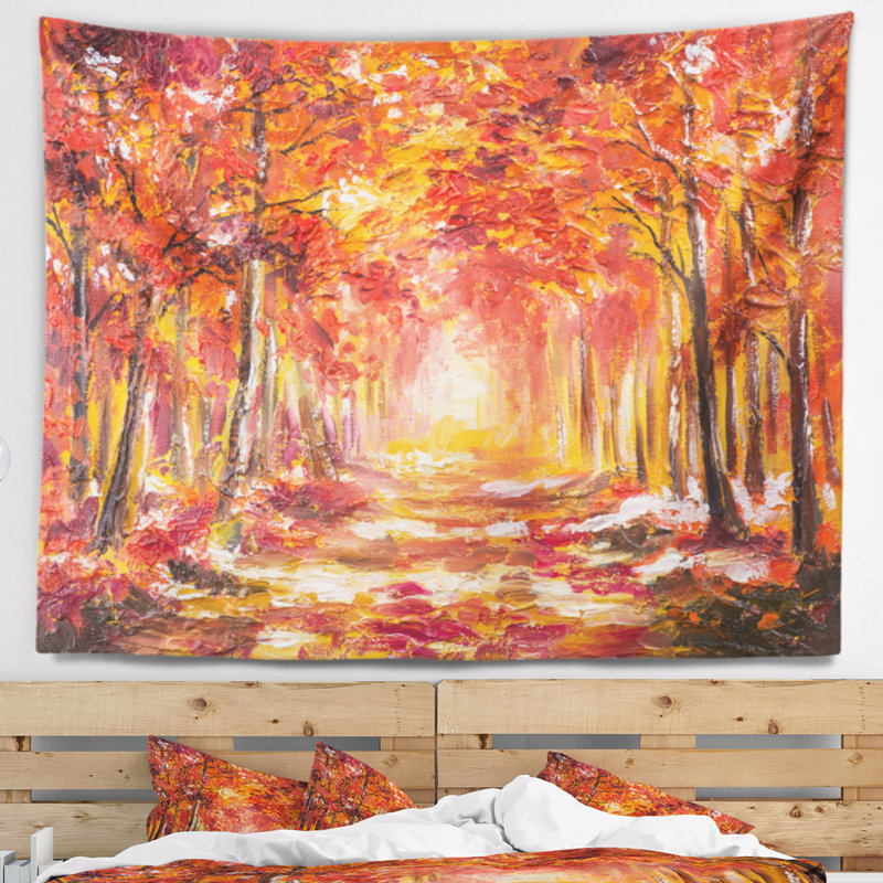 Forêt d'automne paysage dans la tapisserie d'ombre rouge, H 50 po x l 60 po