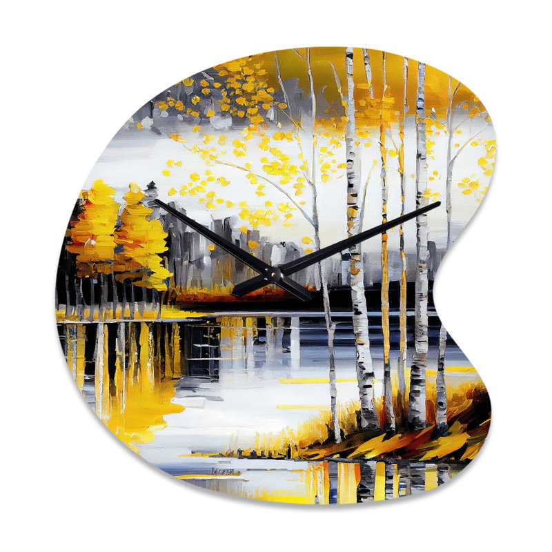 Horloge murale en forme de bouleau gris et jaune au bord du lac I, Petit