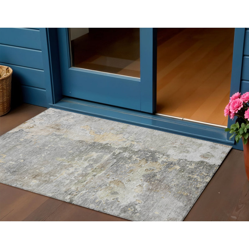 3' X 5' Gray Abstract Washable Indoor Outdoor Area Rug