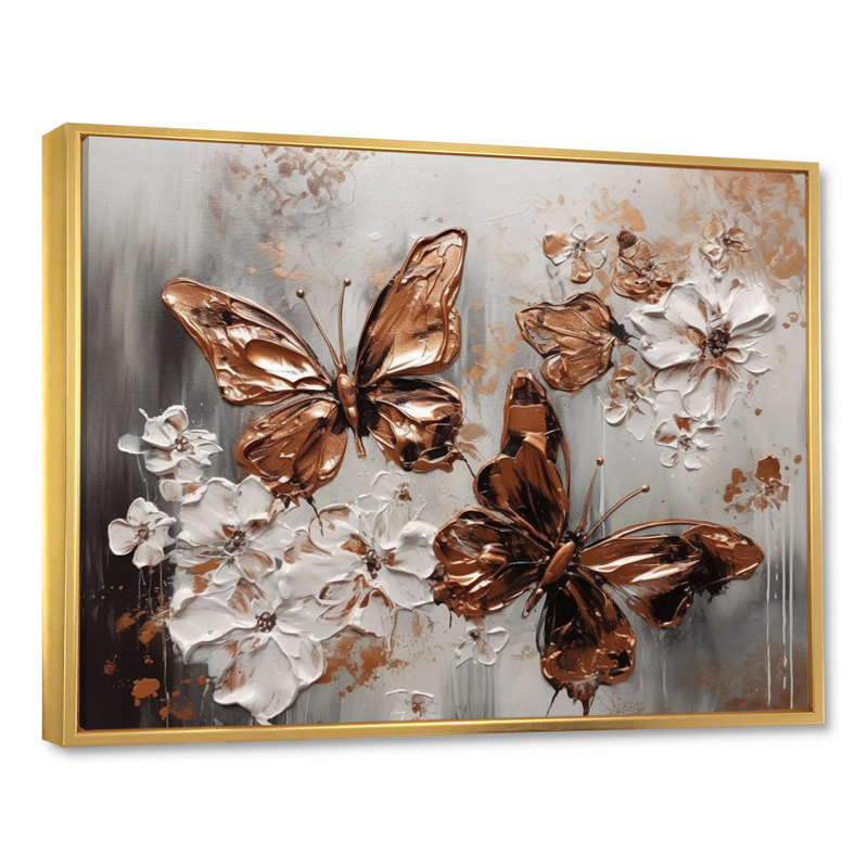 Rouzer Gold Butterfly Wings and Flowers II sur toile, H 12 po x l 20 po x P 1 po, Cadre flottant doré