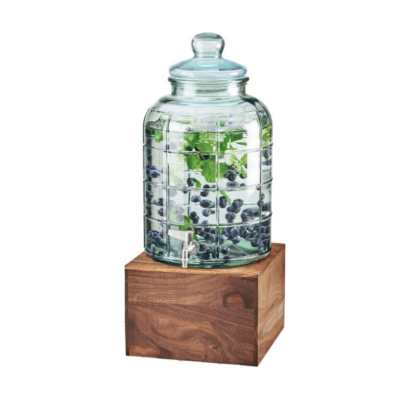 Mid-Century 2 Gallon Glass Beverage Dispenser with Walnut Base and Ice Chamber