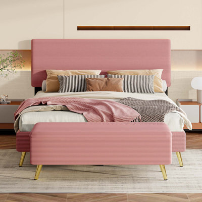 2 Pieces Bedroom Sets Queen Size Upholstered Bed Frame, Modern Corduroy  Storage Ottoman